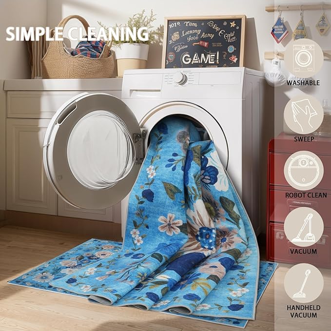 Floral Washable Rug for Entryway, 2x3 Kitchen Mat Ultra-Thin Soft, Non-Slip Indoor Door Carpet Stain Resistant Boho Small Low-Pile Throw for Bathroom Bedroom (Blue Garden, 2 x 3)