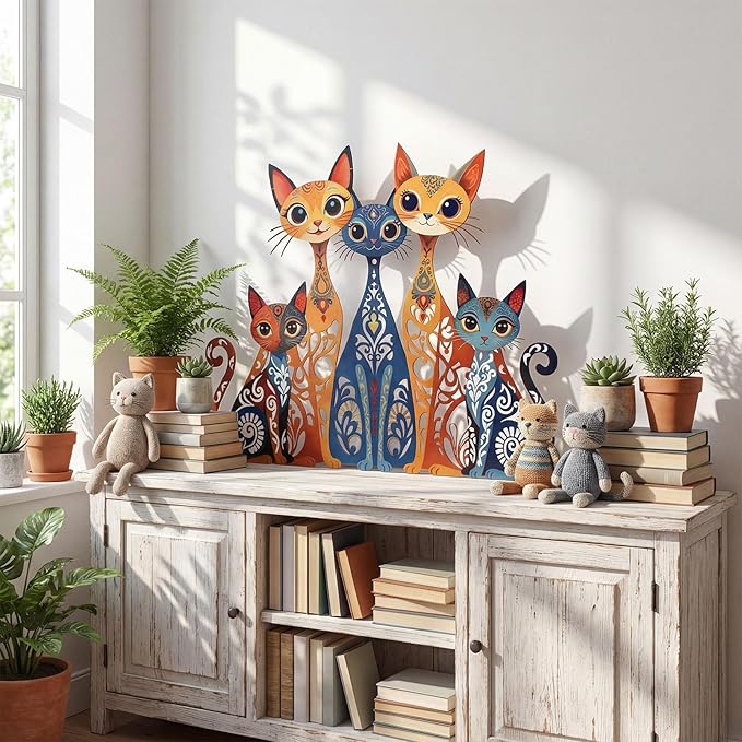 Wesiti Cat Wall Art Decor Iron Wall Sculptures Decor for Cats Lover 10.6 x 15.7 Inches Colorful Retro Mid Century Cat Signs for Home Living Room Bedroom Kitchen Office(Stylish)