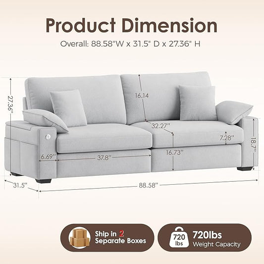 88.58" Modern Loveseat Couches for Living Room, Comfy Sofa with Deep Seat Couch, USB/Type-C Port, Side Storage, Removable Cover, Couches for Living Room Apartment, Light Grey