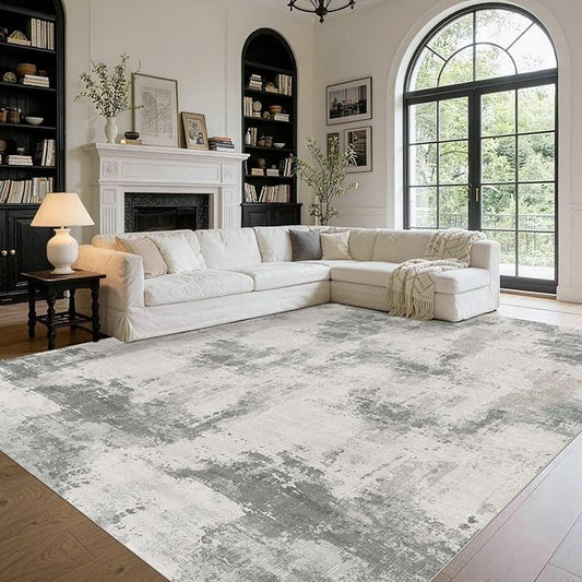 9x12 Area Rug for Living Room, Large Washable Rug, Soft Neutral Abstract Rug for Bedroom, Office, Farmhouse, Low Pile Imitation Wool Non Slip Carpet Ideal for High-Traffic Areas, Green Grey