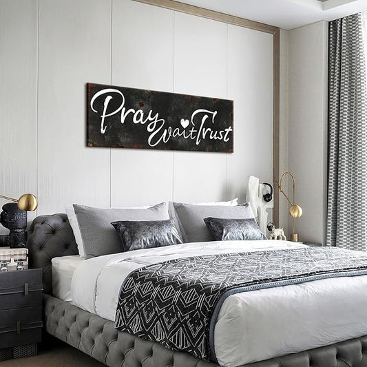 KREATIVE ARTS Pray Wait Trust Canvas Wall Art Rustic Faith Quote Sign Black and White Scripture Print Religious Christian Wall Decor for Bedroom Living Room Entryway Office Farmhouse Style Ready to Hang 20x55''