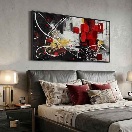 Extra Large Framed Red Black and White Abstract Wall Art for Living Room, Modern Canvas Prints Horizontal Artwork for Walls, Red Gold Geometric Pictures for Dining Bedroom Hallway Wall Decor 30x60 In