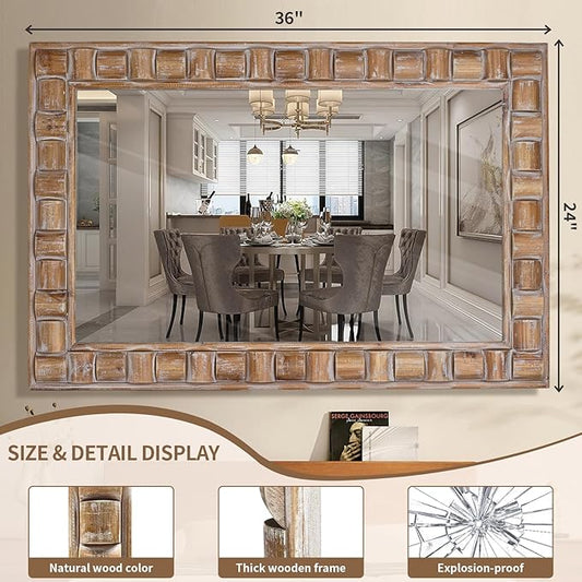 36x24 Inch Rustic Rectangle Wall Mirror - Solid Wood Frame Bathroom Vanity Mirror for Over Sink, Entryway, Living Room & Bedroom