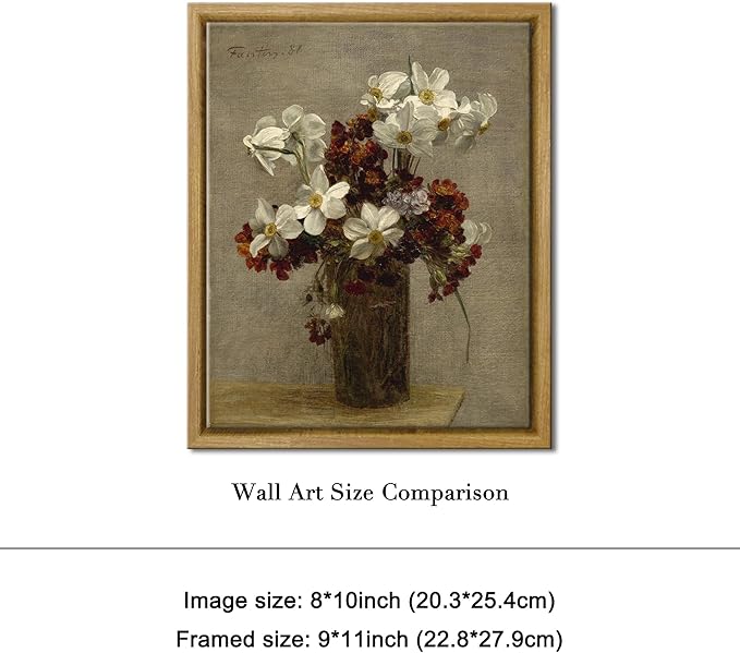 Pyradecor Vintage Wall Art Narcisses Flowers in Vase Artwork Retro Framed Wall Art Classical Floral Paintings Pictures for Living Room Bedroom Kitchen Decorations