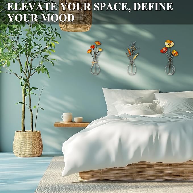 Fanjashn 3 Pcs Metal Flowers Wall Decor, Minimalist Floral Wall Art Decor for Bathroom, Living Room, Bedroom, Kitchen and Dining Room