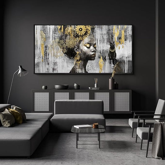 KLAKLA Black and Gold Wall Art - African American Black Girl Wall Art Colorful Black African Woman Canvas Picture Framed Wall Decor for Living Room Bedroom Home Decoration