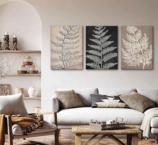 3Pcs Framed Botanical Canvas Wall Art Black Tan Fern Leaf Pictures Minimalist Paintings Nature Fern Plant Silhouette Posters Prints for Living Room Bedroom Office Farmhouse Wall Decor