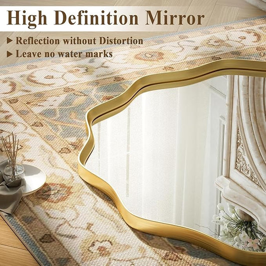 VooBang Gold Scalloped Circle Mirror, 36" Wavy Edge Round Wall Mirror with Tempered Glass Textured Circular Metal Deep Frame, Hanging Leaning for Bathroom, Hallway, Entryway, Livng Room