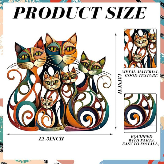 Wesiti Cat Wall Art Decor Iron Wall Sculptures Decor for Cats Lover 10.6 x 15.7 Inches Colorful Retro Mid Century Cat Signs for Home Living Room Bedroom Kitchen Office (Charming)