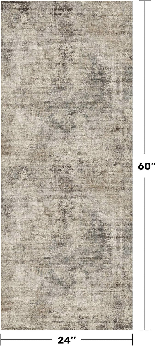 Vintage 2x5 Taupe Runner Rugs for Indoor Entryway, Washable Farmhouse Kitchen Rugs with Rubber Backing, Entryway Indoor Runner for Bathroom, Home Office Floor Rug, Non-Slip Stain & Fade Resistant