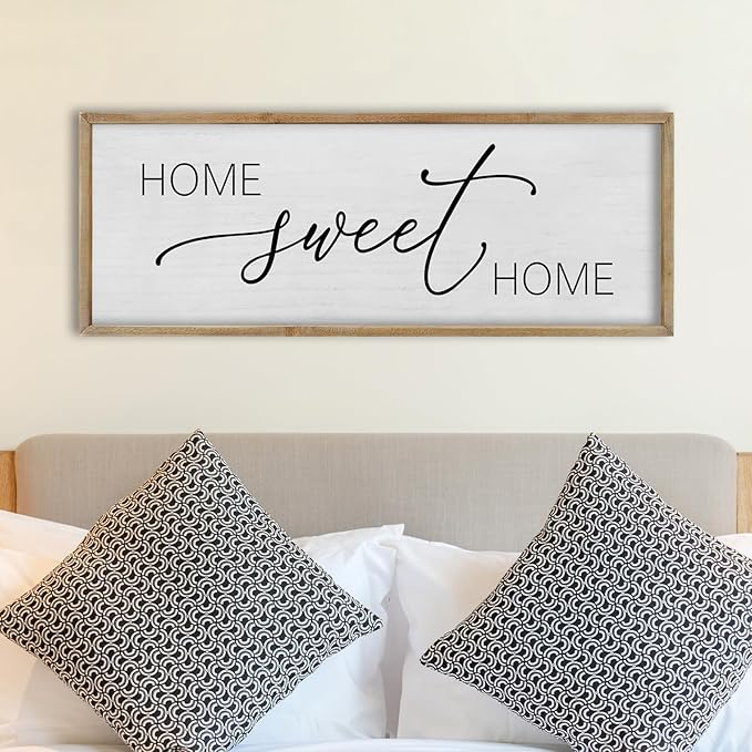 FZMHASLWW Living Room Wall Decor Home Sweet Home Sign 32"×12" Farmhouse Family Horizontal Plaque for Entryway Large Rustic House Modern Minimalist Wood Framed Wall Hanging Art (Wood)