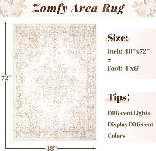 Area Rug 4x6 Vintage Rug: Washable Indoor Medallion Rugs Low Pile Distressed Floor Carpet Retro Accent Rug for Living Room Bedroom Kitchen Dining Table Home Office(Retro Beige, 4'x6')