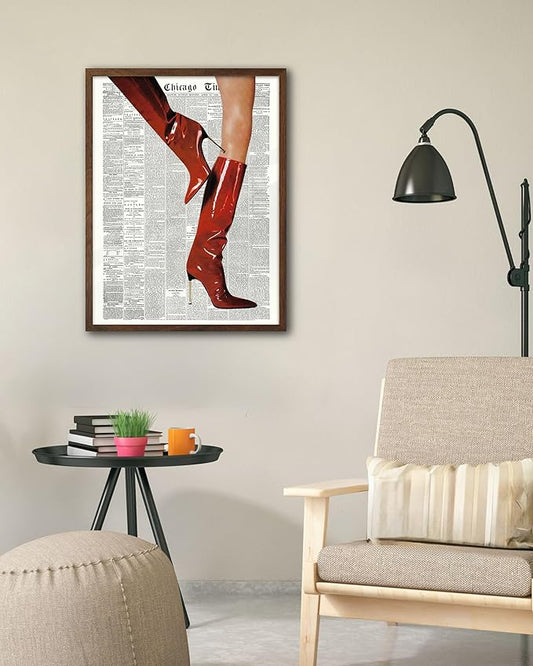 EcoHest Trendy Newspaper Red Boots Framed Wall Art, 12x16 in Walnut Color OAK Wood Fashion Icon Canvas Wall Art, Magazine Retro Home Decor, Set of 1 for Bedroom Living Room