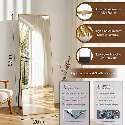 NARCISSUS 57x20 Mirror Door Hanging Full Length Body with Floor Stand or Wall Mounted Metal Aluminum Frame Tempered Glass Rectangle Mirrors for Bedroom Dressing Living Room Bathroom 57 inch Gold