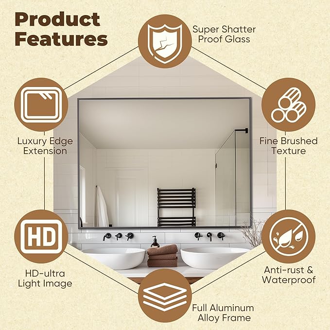 Antok 48x36 Black Metal Framed Bathroom Mirror, Wall Mirror with Round Corners, Vanity Mirror for Over Sink, Anti-Rust Tempered Glass, Horizontal/Vertical Hanging for Bathroom, Living Room, Entryway