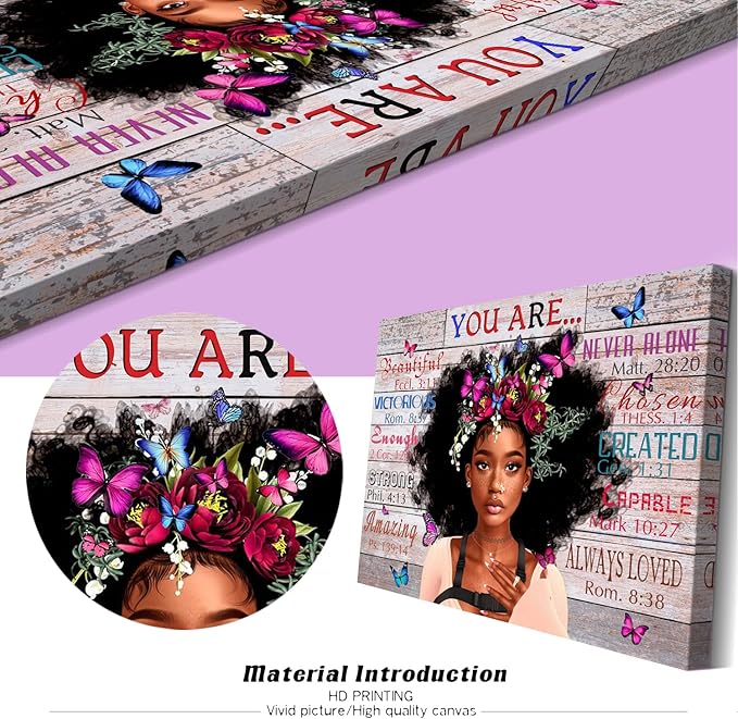 WOWGOOMO Vintage African American Women Wall Art Fashion Black Girl Portrait Canvas Pictures You Are Bible Quotes Poster for Living Room Bedroom Home Office Framed Inspirational Gift for Women 12"x16"