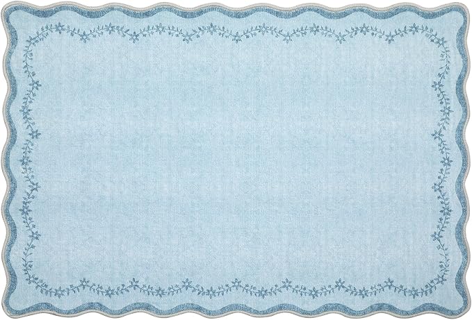 GarveeHome Valentines Scalloped Entryway Rug, 2x3 Solid Blue Washable Front Door Rug Indoor Entrance Floral Carpet Non-Slip Low Pile Throw Rugs for Kitchen, Powder Room, Entry, Bathroom, Kids Room