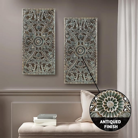 Madison Park Wall Art Living Room Décor - Floral Antiqued Wooden Carving Wall Decor Panel, Copper Embellished, Ready to Hang Wall Decor for Bedroom, 15.75"W x 31.5"L x 0.59"D, Patina Blue, 2 Piece