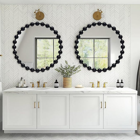 Round Black Mirror 24'', Spherical Frame Round Beaded Mirror for Wall Decor Large Circle Mirror for Bathroom, Dining Roon, Bed Room, Entryway