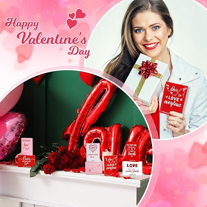 Yousoontic 9 Pcs Christian Valentine's Day Decor Bible Verse Religious Jesus Table Decorations Wood Block Sign Rustic Valentines Love Tiered Tray Decor for Church Home Shelf Table Top(Classic)