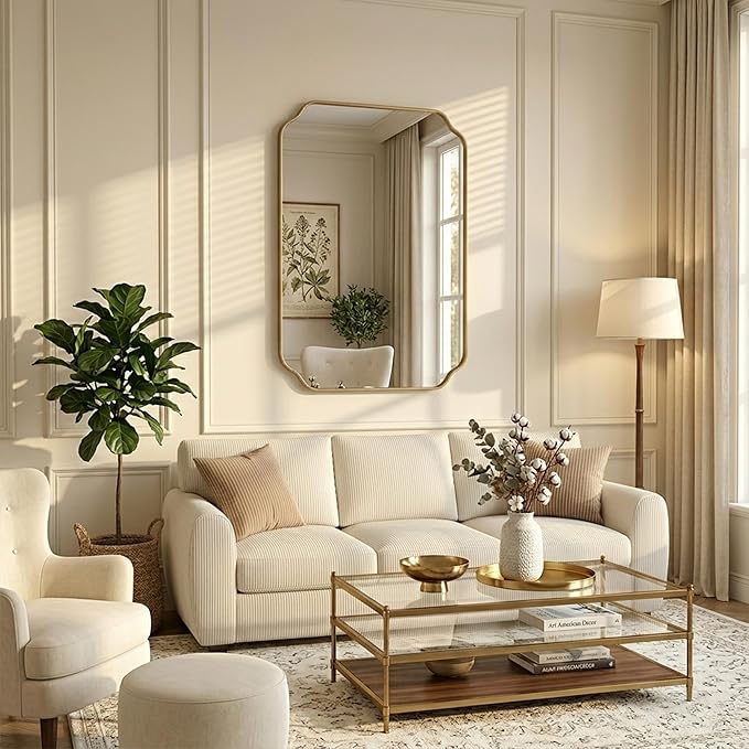 Gold Wall Mirror 32"x24", Scalloped Edge Vanity Mirror - Hangs Vertically/Horizontally Decorative Bathroom Mirror for Vanity, Bedroom & Entryway, Aesthetic Bathroom Decor