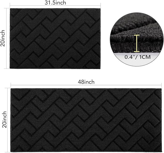 hicorfe Kitchen Runner Rugs and Mats Sets,2 Pieces Absorbent Non-Slip Kitchen Rug,Comfort Kitchen Mat for Floor,Washable for Kitchen,Hallway,Office,Sink,Laundry(20"x48"+20"x32",Black)