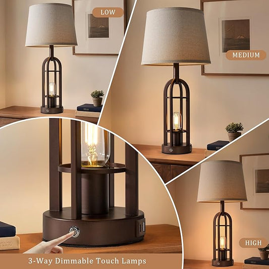 SRJJA 24" Table Lamps for Living Room Set of 2, Rustic Farmhouse 3-Way Dimmable Touch Industrial Bedside Lamps with USB A+C for Bedroom Nightstand,4 Bulbs Included