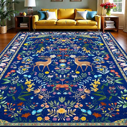 8x10 Blue Farmhouse Rugs for Living Room - Large Unique Washable Area Rug for Bedroom, Dining Room Under Table, Floral & Animal Design, Low Pile Soft Carpet