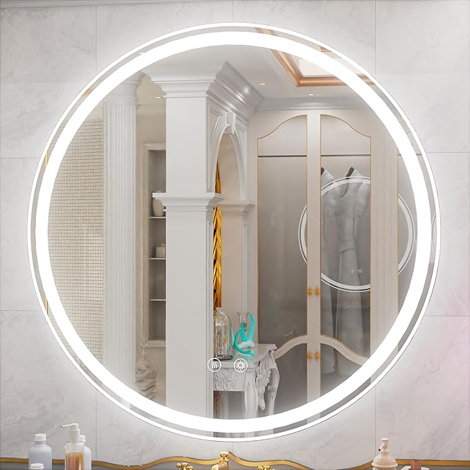40 Inch Round LED Bathroom Mirror with Anti-Fog, Dimmable Front & Backlit Lights, 6000K Daylight, Frameless, 5mm HD Glass, Memory Function, Touch Control