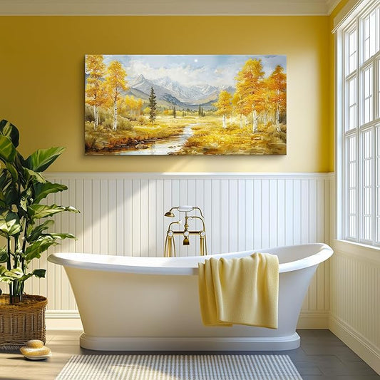 crmotu Mountain Forest Wall Art, Riverside Birch Tree Oversized Paintings, Nature Landscape Pictures Art Prints, Modern Large Wall Decor Living Room Bedroom Office Farmhouse Canvas Artwork 29x57inch