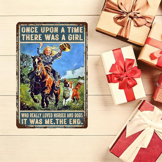 Cowgirl Vintage Tin Sign There Was A Girl Who Really Loved Horses and Dogs Iron Painting Wall Decoration Poster for Home Club Man Cave 16x12 Inch