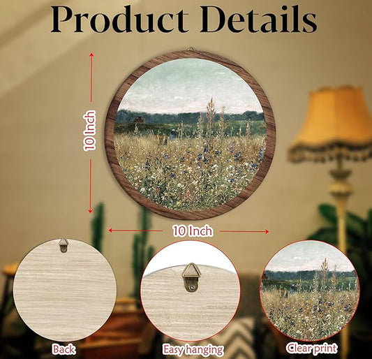 Vintage Spring Floral Field Landscape Hanging Wall Art, Meadow Flowers Vintage Round Wooden Wall Decor, Flower Field Scene Western Boho Decorations for Home Living Room Bedroom Bathroom Office, 19