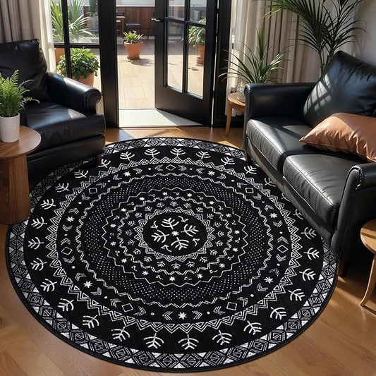 SERISSA Round Area Rug, 4ft Washable Non-Slip Black and White Boho Circle Rug, Soft Low-Pile Geometric Indoor Small Circular Carpet for Bedroom Entryway Living Room Dining Room
