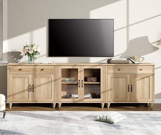 WAMPAT Farmhouse TV Stand for 100 Inch TV, 3-in-1 TV Console Table for 75/80/85/90 Inch TV, Entertainment Center with Glass & Wood Door, Kitchen Sideboard Buffet Cabinet for Dining Room, Oak