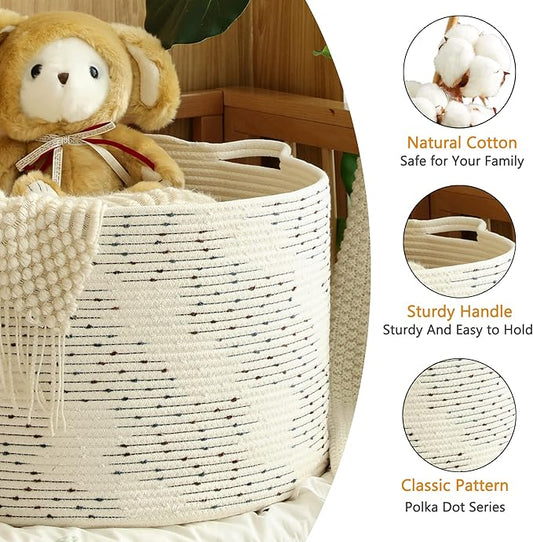 KAKAMAY Large Blanket Basket (20"x13"),Woven Baskets for storage Baby Laundry Hamper๏ผCotton Rope Blanket Basket for Living Room, Laundry, Nursery, Pillows, Off White with Blue & Brown Dotted Pattern