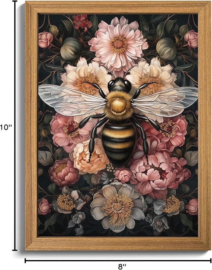 Framed Vintage 3D Textured Wall Art - Dark College Bee Flowers Wall Decor - Hand Drawn Sandstone Nature Botanical Pictures for Living Room Bedroom Home Decor 8x10in