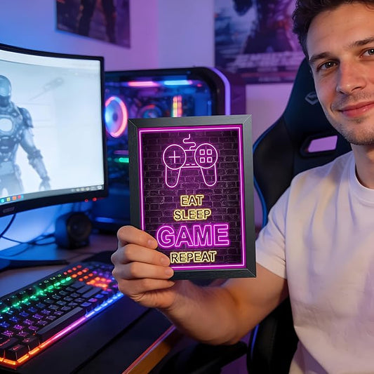 Framed Game Wall Art, Boys Game Room Wall Decor Painting, Purple Neon Gaming Controller Canvas Print Poster for Kids Room Teen Bedroom Game Room 8x10 Inch