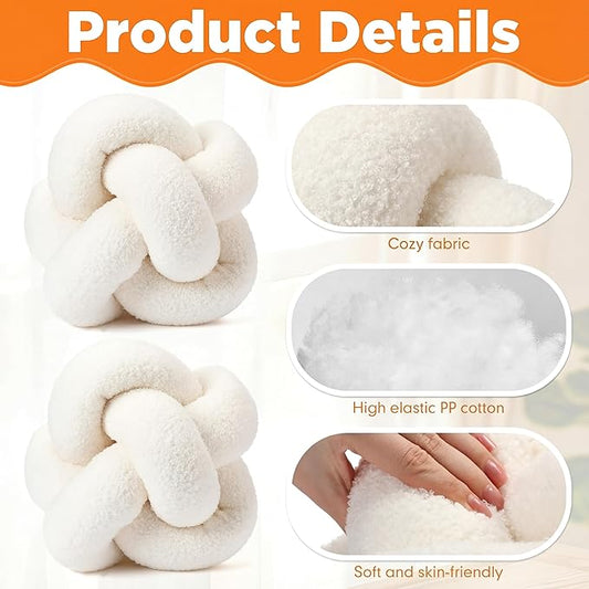 Beeveer 2 Pcs Knot Pillow Ball 12 Inch Soft Decorative Teddy Boucle Knot Throw Pillows for Home Bed Couch Living Room Decor(Ivory)