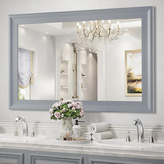 Wood Bathroom Mirror 24x36 Inch, Grey Wooden Rectangle Mirrors with Tempered Glass for Bathroom,Living Room or Entryway