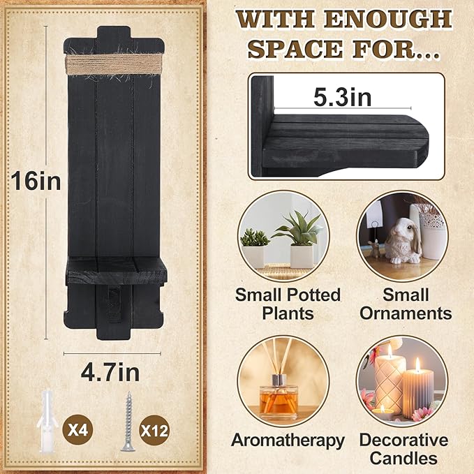 Alphatool Farmhouse Wall Decor Candle Sconces - 2 Pcs Vintage Rustic Handmade Wooden Wall-Mount Candle Holders for Bedroom Livingroom Home Hanging Art Decorations Accessories Gifts, Black