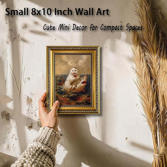 YD&YZY Gold Framed Funny Cat Bathroom Wall Art Canvas Vintage Quirky Humor Wall Decor Cat Riding Shark Martini Painting Picture Print Artwork for Bedroom Living Room Bathroom 8x10 inch Small Framed