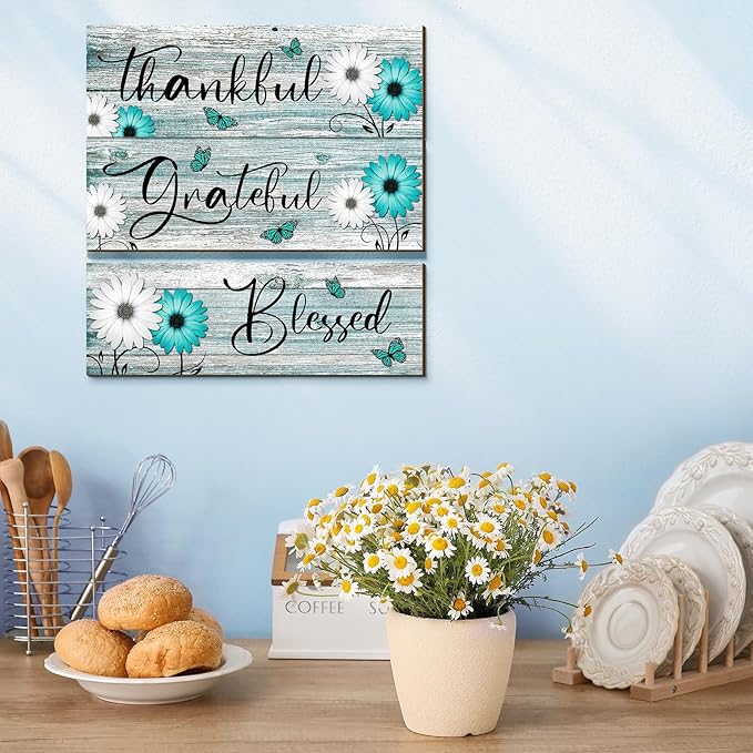 Geetery 3 Pcs Thankful Grateful Blessed Wooden Signs Rustic Daisy Wood Wall Decor Inspirational Wall Art Signs Rustic Wooden Hanging Decorations for Bedroom Kitchen Living Room Bathroom Home (Teal)