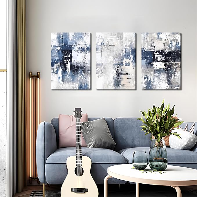 Abstract Blue and White Wall Art Set of 3, Modern Simple Navy Framed Canvas Prints Poster, Gray Painting Picture for Living Room, Bedroom, Office Wall Decor 16x24 Inch