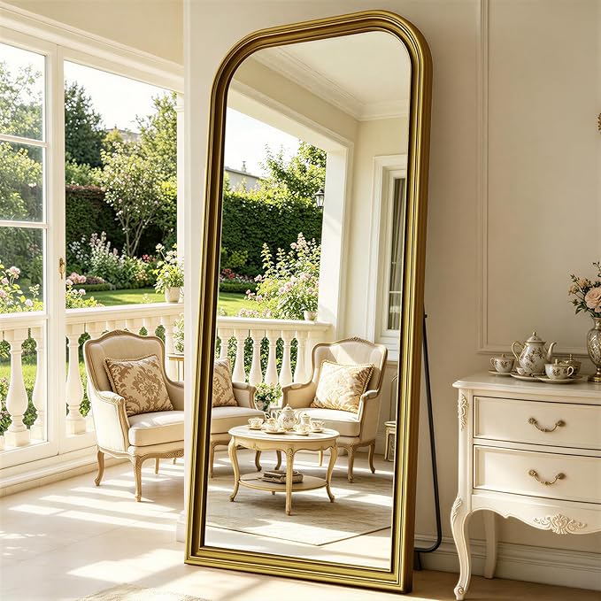 Full Length Mirror with Stand, 71"x32" Full Body Mirror, Floor Length Mirrors Wall Mounted with Rounded Top, Large Standing Mirrors, PU Frame, for Bedroom Living Room Cloakroom, Antique Gold