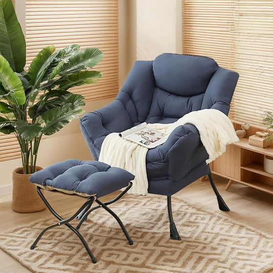 Lazy Chair with Ottoman, Large Navy Accent Chair with Ottoman, Comfy Reading Armchair, Leisure Sofa Chair for Living Room, Bedroom, Dorm Room, Office