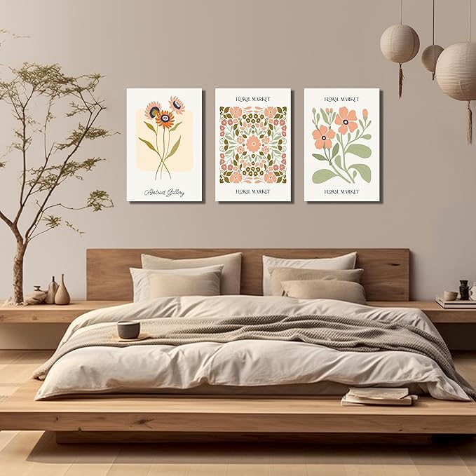 SKYRISE 3 PCS Boho Floral Canvas Wall Art, Rustic Botanical Canvas Paintings Prints ArtWork for Living Room, Vintage Flower Pictures for Farmhouse Dining Room Hallway Bedroom Wall Decor 16"x24"