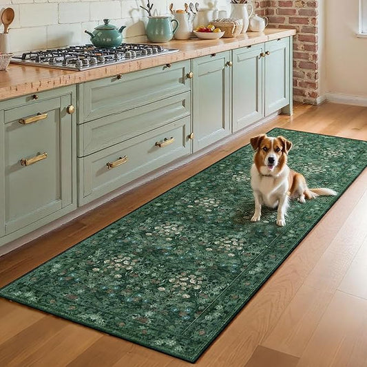 Lunasun Boho Green Long Hallway Runner Rug 2x6 Washable, Farmhouse Floral Botanical Non Skid Kitchen Floor Mat - Vintage Soft Throw Rug for Bathroom, Indoor Entrance, Foyer, Bedroom Bedside, Laundry
