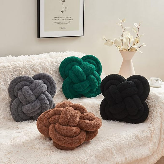 Knot Pillow, 12" Soft Decorative Throw Pillows for Couch Bed, Gray Pink Knotted Plush Throw Pillow Handmade Square Cushion Home Decor Pillows (Dark Green, 12 Inches X12 Inches)