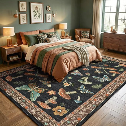 ROYHOME Mushroom 9x12 Area Rugs for Living Room Low-Pile Whimsical Cottage Core Insect Bug Butterfly Funky Dark Gothic Decor for Bedroom Nursery Dining Room Black Brown