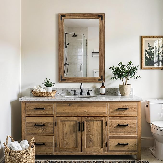 Wood Bathroom Mirror for Wall, 24"x36" Rustic Farmhouse Wood Framed Mirror for Bathroom Sink, Entryway, Living Room, Bedroom